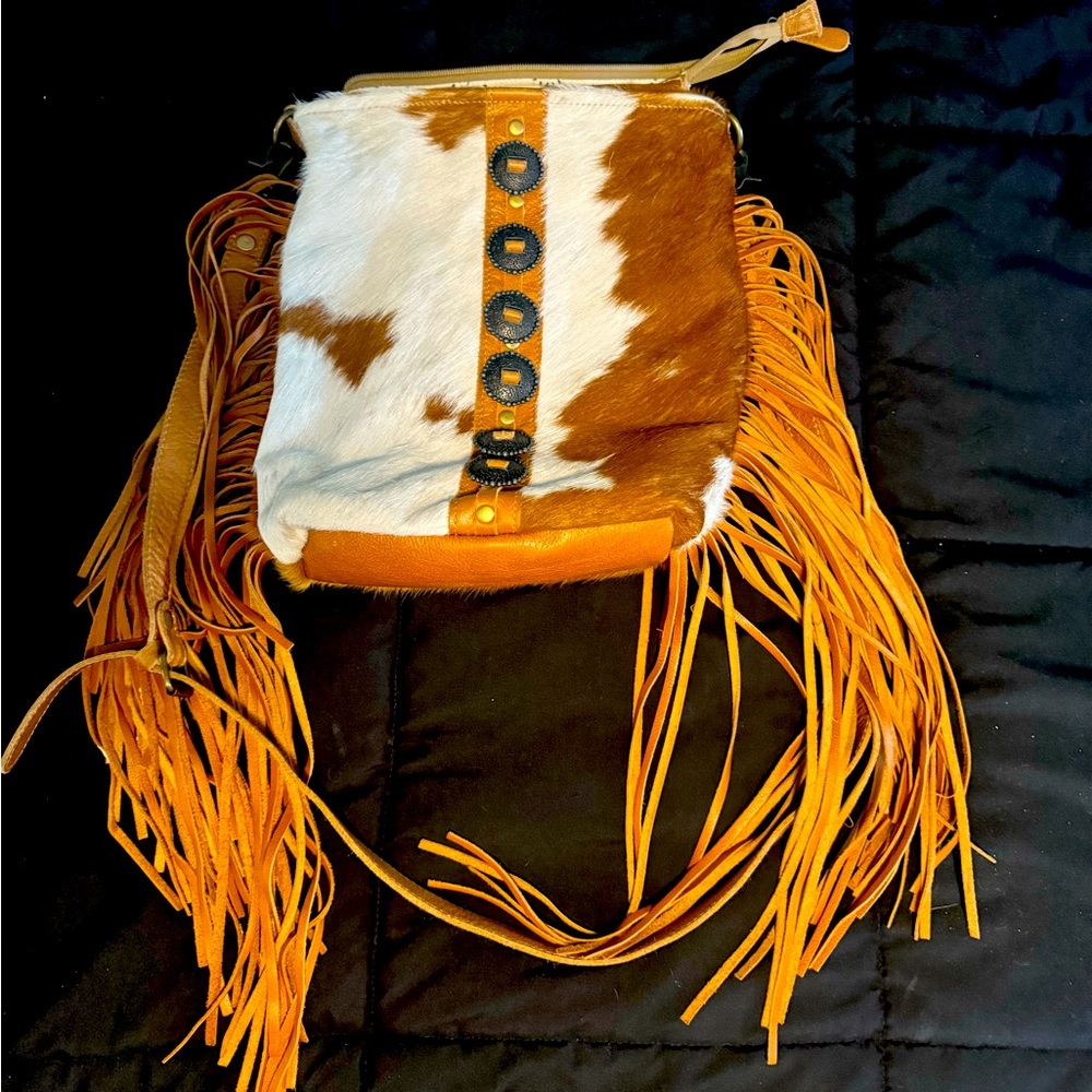 Leather Cow Hide Cross Body Fringe Myra Bag